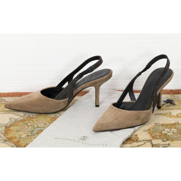 $1295 BRUNELLO CUCINELLI SUEDE SLINGBACK MULES WITH MONILI EMBELLISHMENTS 37 - Picture 1 of 7